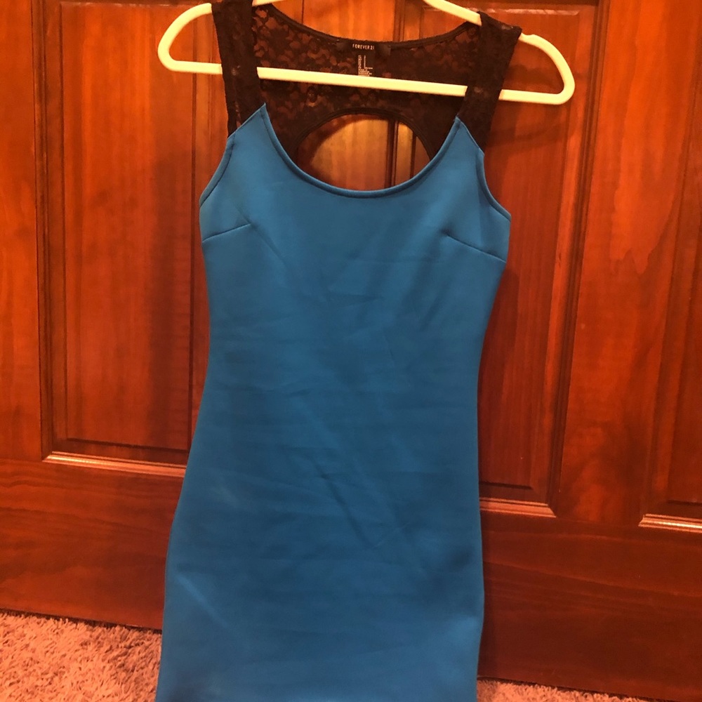 Blue dress w/ black lace detailing - open back!